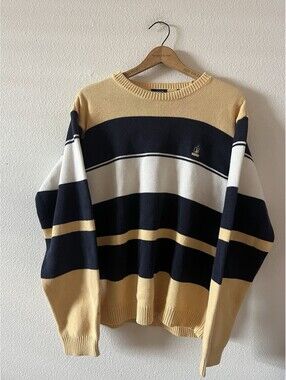 Vintage Izod Striped Knit Crewneck Sweater Yellow Navy Large
